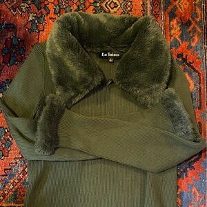 Dark Green Ribbed Sweater with Faux Fur Trim